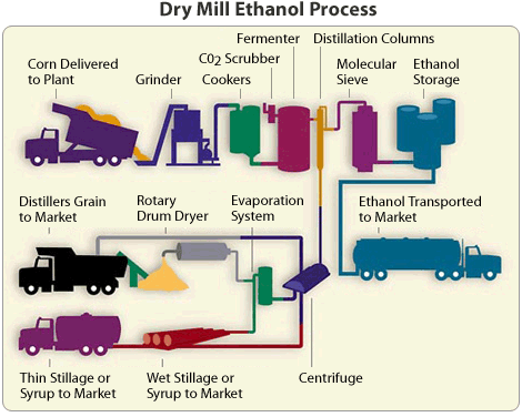 A diagram showing the dry mill ethanol process. Corn is delivered to the plant, goes through a grinder, cookers, CO2 scrubber, fermenter, distillation columns, and molecular sieve, then gets placed in ethanol storage and is transported to market. At the distillation column phase, the material not turned into fuel goes into a centrifuge, which then can send the material through an evaporation system and rotary drum dryer - the output is distillers grain that can be sent to market. Material leaving the centrifuge also becomes wet stillage, thin stillage, or syrup for market use.