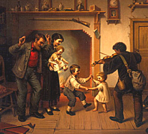 Family dancing in a firelit room