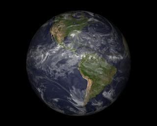 A view of the full Earth, showing the global nature of the fvGCM model.  The tracks of Ivan and the fvGCM model in the Gulf of Mexico can be seen most clearly in the full size image.