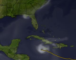 A close-up, showing the track of Ivan (in yellow) at the point where the fvGCM model was initialized.