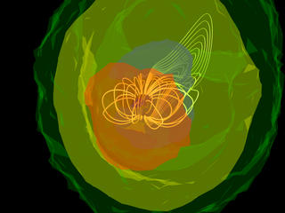 A view of the magnetosphere on the sunward side.  The interaction of the solar wind with the field and particles compresses this region to form a shield-like structure.