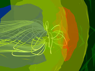 A closer view of the Earth inside the magnetosphere.  The field lines do not reach the Earth due to the boundary of the computational model.
