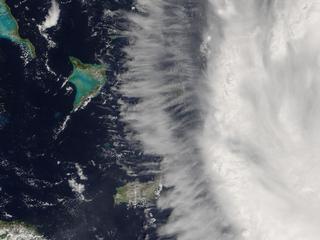 Eventhough Frances is a hurricane, Terra-MODIS views the calm before the storm.  Crooked and Acklins Islands are seen on the edge of the outer band. 