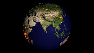 This animation shows global fires from 2-17-2002 to 7-31-2002 and from 7-1-2001 through 8-20-2002.  The camera zooms to feature the Rodeo-Chediski Fire in Arizona during June of 2002.