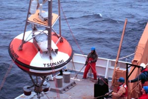 NOAA image of tsunami buoy being deployed in the Pacific Ocean from the NOAA ship Ronald H. Brown.