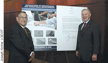 USDOT Deputy Secretary Vice Admiral Thomas J. Barrett (right) and National Society of Professional Engineers President Bernard R. Berson (left) at the USDOT celebration of National Engineers Week.