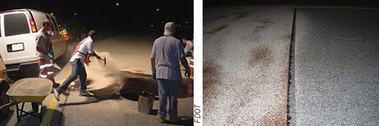 (Left) Workers shovel bauxite aggregate onto an epoxy binder as part of a high-friction surface paving project on the eastbound on-ramp from Royal Palm Boulevard to northbound I–75 in Broward County, FL. The curing takes about 3 hours. (Right) Shown here is the skid-resistant surface treatment after 3 months.