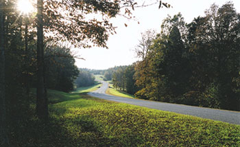 The Natchez Trace Parkway (shown here) follows an ancient trail from Natchez, MS, to Nashville, TN.