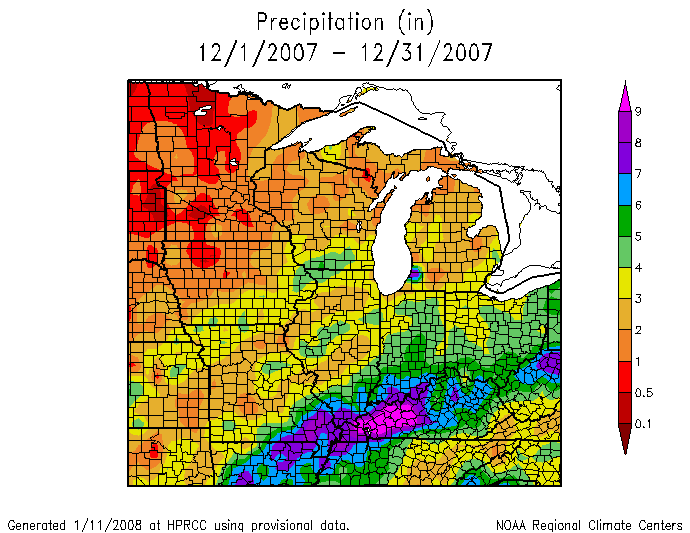 Dec 2007 precipitation across the Midwest