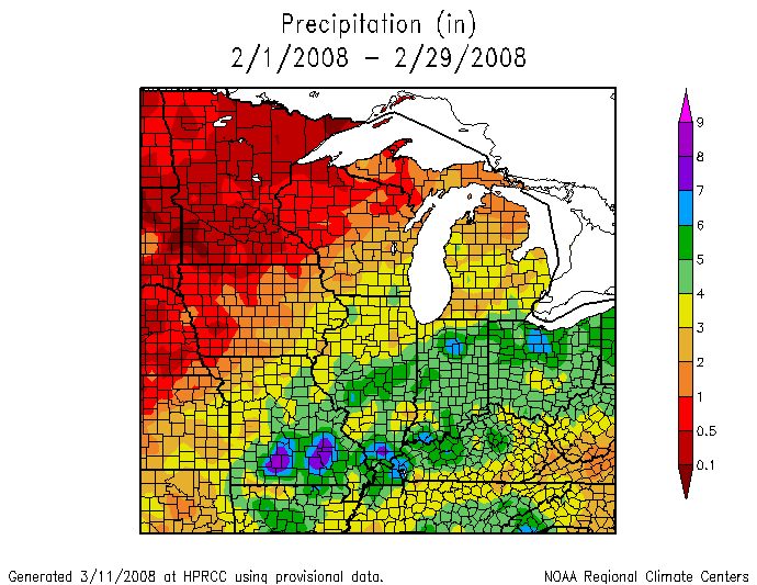 Feb 2008 precipitation across the Midwest