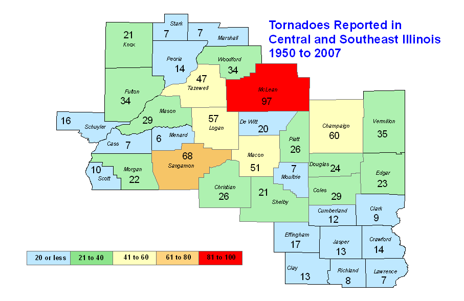 Tornadoes in central and southeast Illinois since 1950