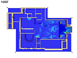 Computer model of fire at The Station nightclub showing the potential impact of sprinklers on the temperature variation after 90 seconds at 1.5 meters (5 feet) above the floor.