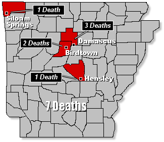 Storms claimed the lives of at least seven people in Arkansas on 05/02/2008.