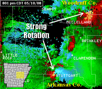 The WSR-88D (Doppler Weather Radar) showed strong rotation with two supercells in central Arkansas as of 801 pm CDT on 05/10/2008.
