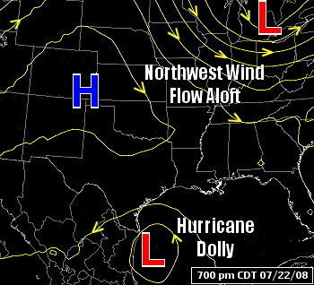 The weather pattern at 7 pm CDT on 07/22/2008.