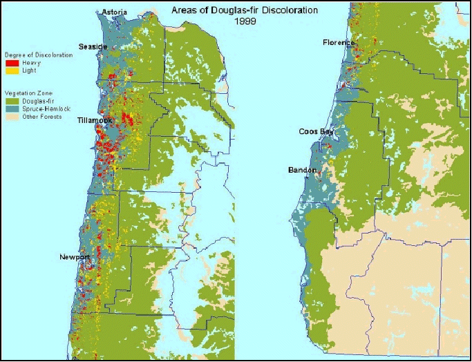 map of coastal Oregon showing distribution of areas with Swiss needle cast symptoms; map by Mike McWilliams, Oregon Department of Forestry