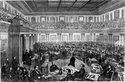 The Senate has the power to try impeachments; shown above is Theodore R. Davis' drawing of the impeachment trial of President Andrew Johnson, 1867.