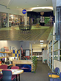 Two inside views of the NASA Jet Propulsion Laboratory (JPL) Educator Resource Center