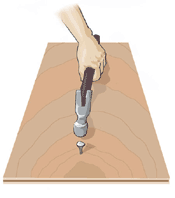 Imagen de una mano y un brazo martillando un clavo en una tabla.