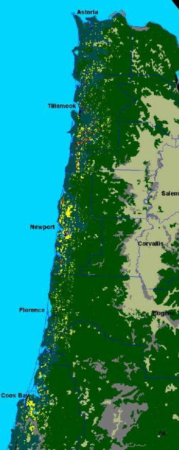 Areas in coastal Oregon with symptoms of SNC in 2004