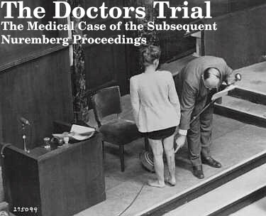 During testimony at the Doctors Trial, American medical expert Dr. Leo Alexander points to scars on Jadwiga Dzido’s leg.