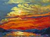 A painting of wispy clouds in a red, orange and blue sky