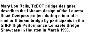 Mary Lou Ralls, TxDOT bridge designer, describes the U-beam design of the Louetta Road overpass project during the SHRP High-Performance Bridge Showcase in Houston.