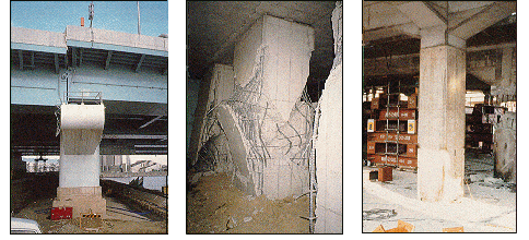 Pictures of the various types of bridge damage resulting from earthquake.