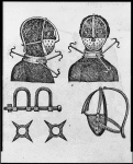 [Iron mask, collar, leg shackles and spurs used to restrict slaves]