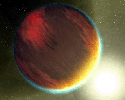 This artist's concept shows a cloudy Jupiter-like planet that orbits very close to its fiery hot star