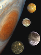 A montage of Jupiter and the Galilean satellites.