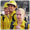 A photograph of students wearing yellow firefighter uniforms.