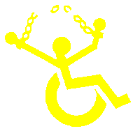 ADAPT's 
Logo: Universal wheelchair symbol, with arms over head breaking chain