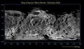 This global digital map of Saturn's moon Phoebe was created using data 
taken during the Cassini spacecraft's close flyby of the small moon in 
June 2004. The map is an equidistant projection and has a scale of 233 
meters (764 feet) per pixel