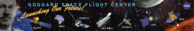 Banner showing artist concepts of nearing Goddard missions
