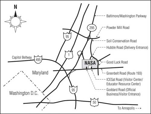 Directional map to the Goddard Visitor Center in Greenbelt, MD