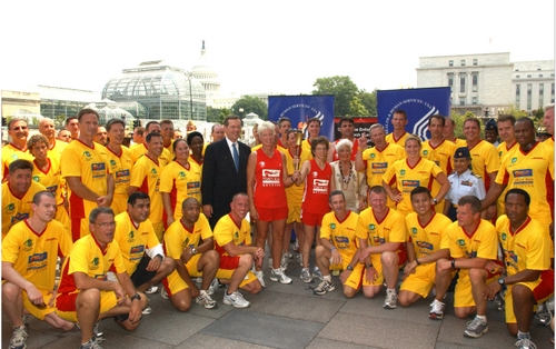 Secretary Leavitt and Special Olympic athletes and law enforcement officials pose outside of the HHS Building in Washington, DC.