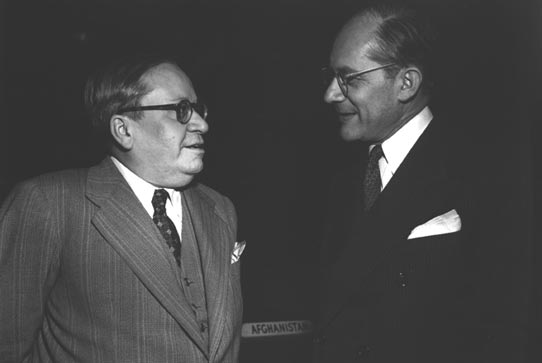 Amb. Amado of Brazil (left) with Raphael Lemkin before a plenary session of the General Assembly at which the Convention on the Prevention and Punishment of Genocide was approved. Palais de Chaillot, Paris, 11 December 1948.