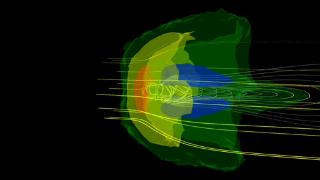 Rotating around a computer model of the Earth's magnetosphere, showing magnetic fields, particle densities, and solar wind flows.