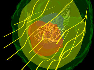 A view of the magnetosphere on the sunward side.  The interaction of the solar wind with the field and particles compresses this region to form a shield-like structure.