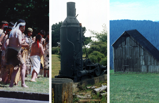 Tolowa dancers, steam donkey, Dolason barn