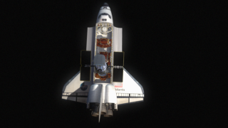 An animation of space shuttle Atlantis in orbit as it comes out of the Sun’s glare.  The camera passes over the shuttle’s main engines to view Hubble in the cargo bay.
