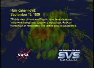 Slate image from video tape reads, 'Hurricane Floyd: September 13, 1999; TRMM's view of Hurricane Floyd in 1999.  Isosurfaces are: Yellow=0.5 inches/hour, green=1.0 inches/hour, red=2.0 inches/hour on rainfall rates.  The vertical scale is exaggerated.'