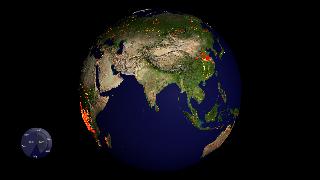 This animation shows global fire activity 7-1-2001 and 8-20-2002.  During June 2002, a close view of the Rodeo-Chediski Fire is shown.  A clock overlay indicates the date.