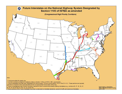 Future Interstates on the National Highway System Designated by Section 1105 of ISTEA as amended. (Congressional High Priority Corridors.) Click image for text version. 