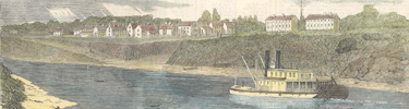 Harper's Weekly illustration of steamboat along the Arkansas River with officers' quarters and town of Fort Smith in distance. (c. 1850s)