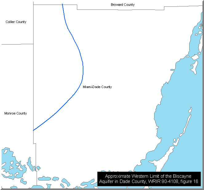 Approximate Western Limit of the Biscayne Aquifer in Dade County, WRIR 90-4108, figure 16