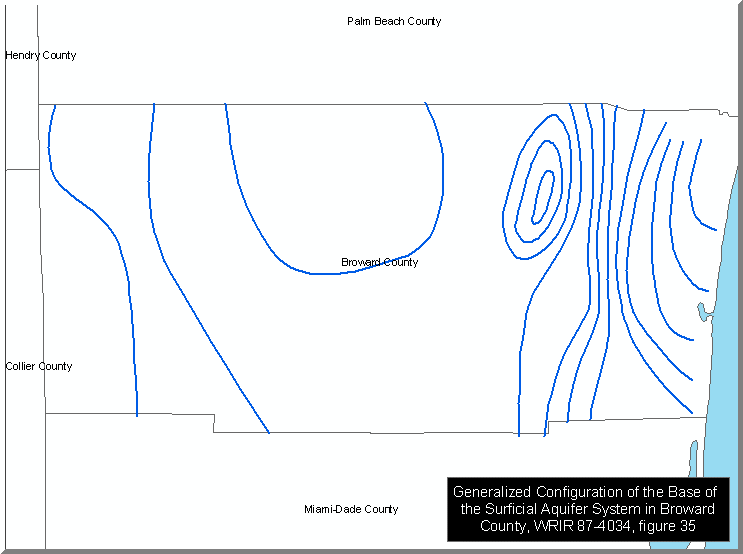 Generalized Configuration of the Base of the Surficial Aquifer System in Broward County, WRIR 87-4034, figure 35