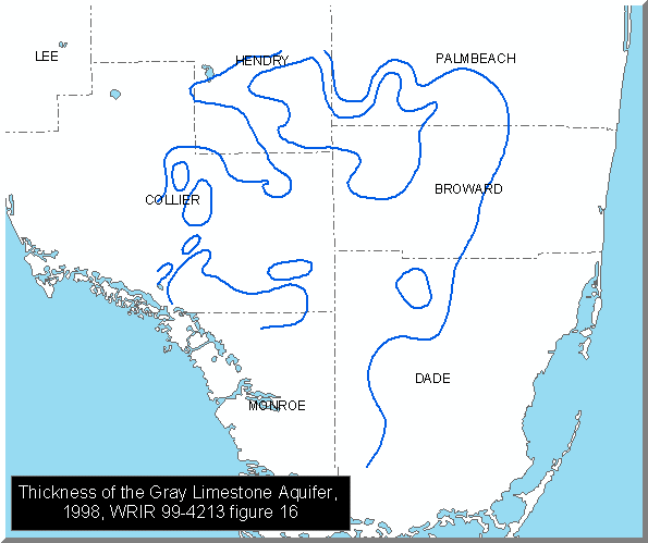 Thickness of the Gray Limestone Aquifer, Southern Florida, 1998, WRIR 99-4213 figure 16