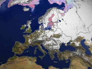 This image shows the snow cover and sea ice surface
temperature over Europe on February 7, 2003.